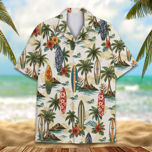 Matching family tropical surf hawaiian shirt featuring a beach and surfboard design, main view