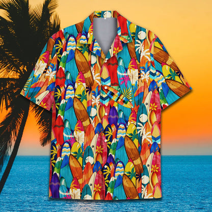 Close up lifestyle view of the tropical surf hawaiian shirt