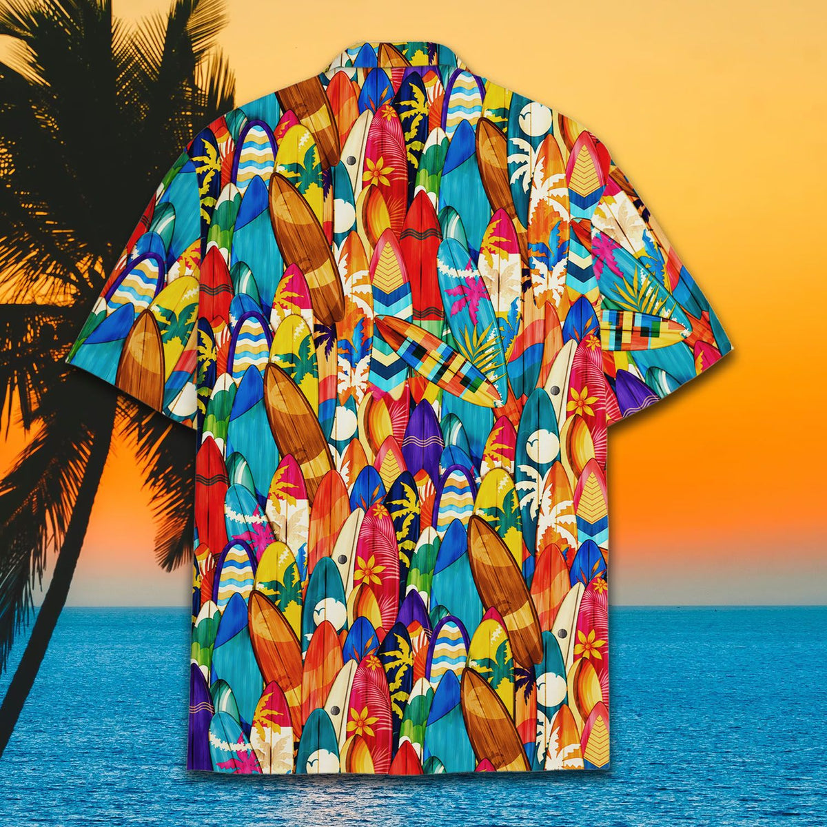 Outdoor lifestyle shot of the multicolor surf hawaiian shirt