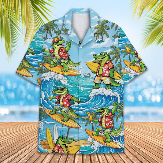 Main view of the tropical surfing alligators hawaiian shirt