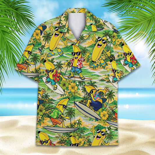 Main view of the tropical surfing bananas hawaiian shirt featuring cartoon bananas on a yellow and green background