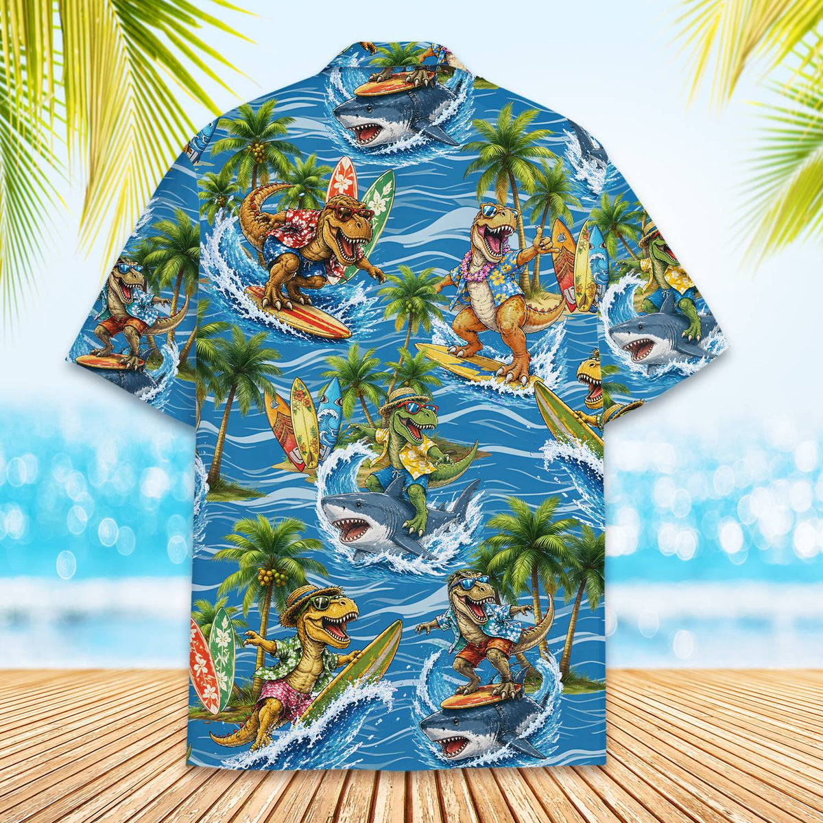 Close-up back view of the tropical surfing dinosaurs pattern
