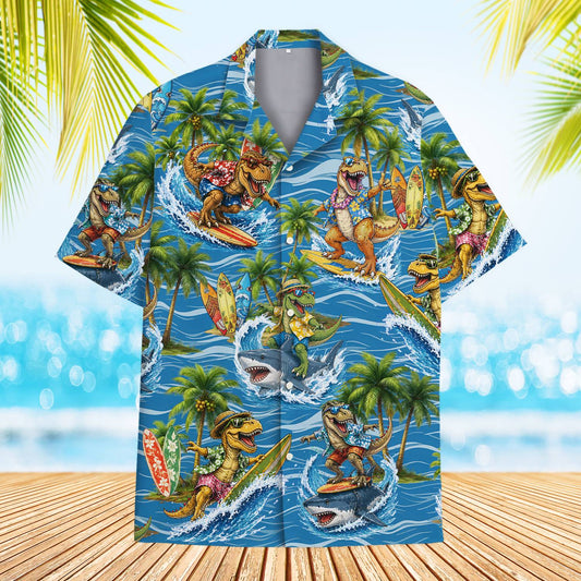 Matching family Hawaiian shirts with tropical surfing dinosaurs pattern, main view