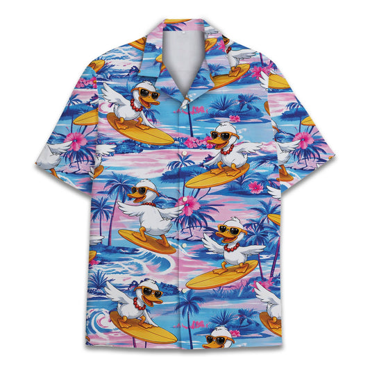 Main view of the surfing hawaiian shirt with tropical ducks design