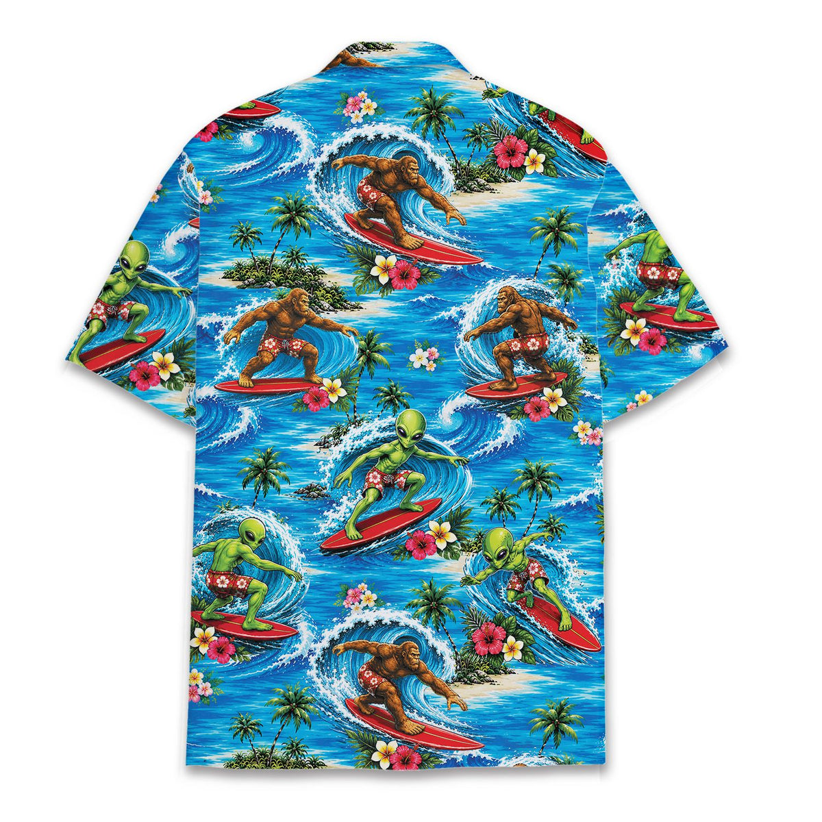 Back view of the tropical surfing hawaiian shirt showing Bigfoot riding a wave