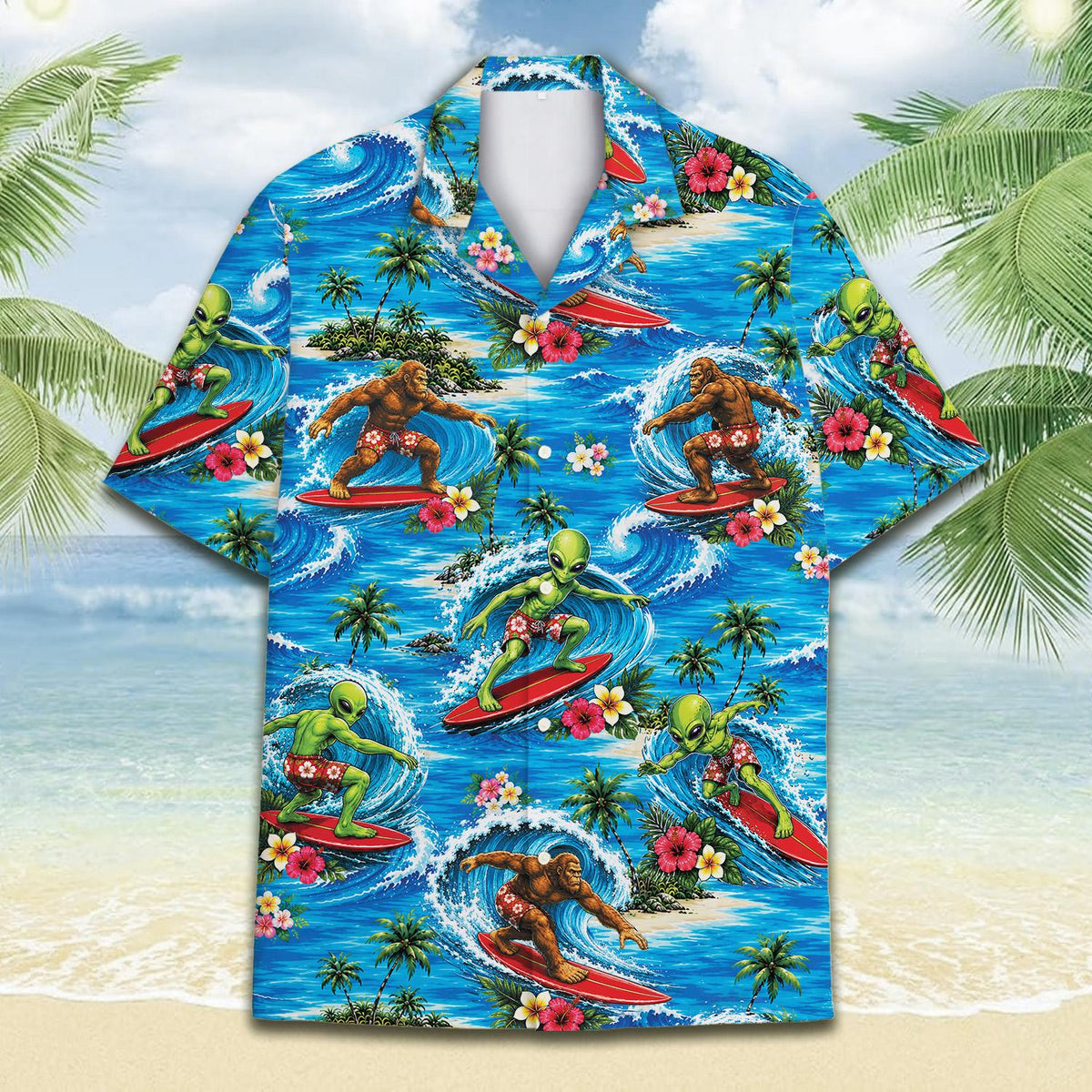Front view of the blue tropical surfing hawaiian shirt with palm trees and aliens