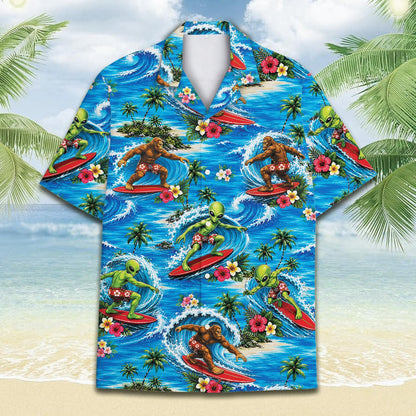 Front view of the blue tropical surfing hawaiian shirt with palm trees and aliens