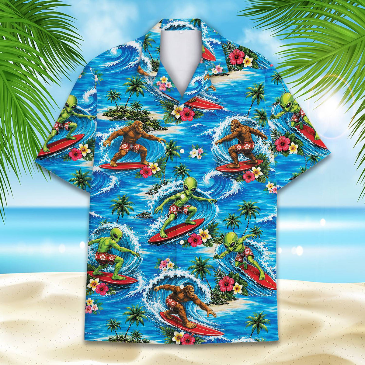 Second lifestyle view of the surfing alien and Bigfoot hawaiian shirt
