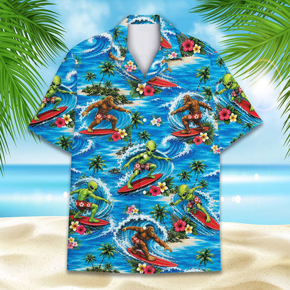 Second lifestyle view of the surfing alien and Bigfoot hawaiian shirt