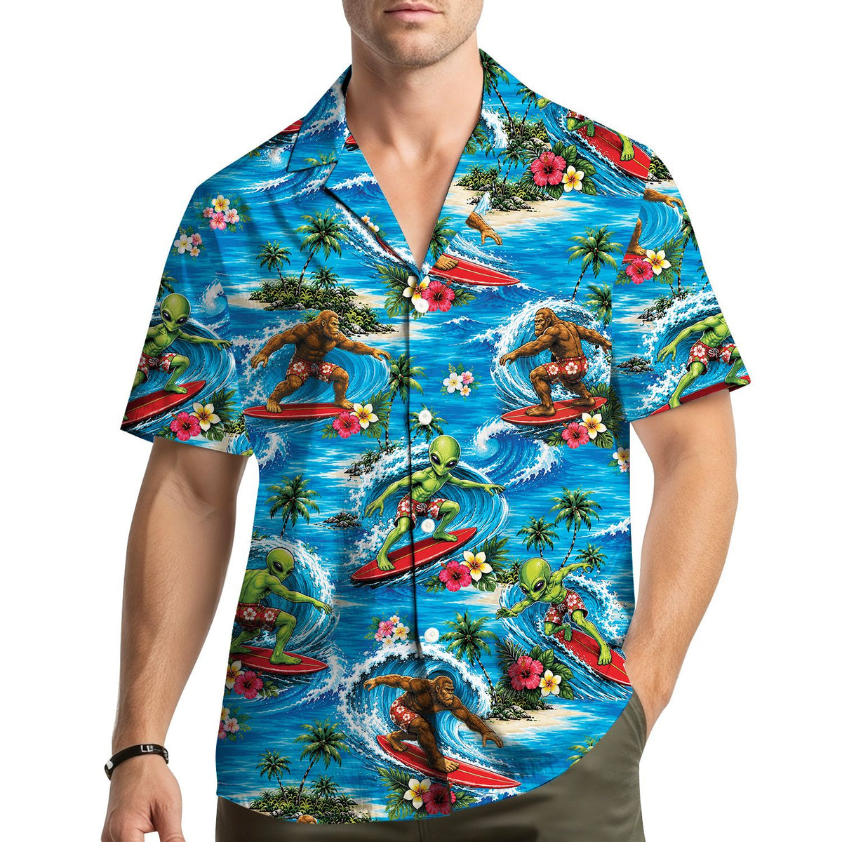 Third lifestyle view showing the vibrant blue, green, and red colors of the hawaiian shirt