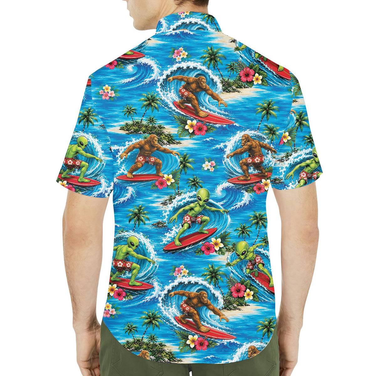 Fourth lifestyle view of a person modeling the tropical surfing hawaiian shirt