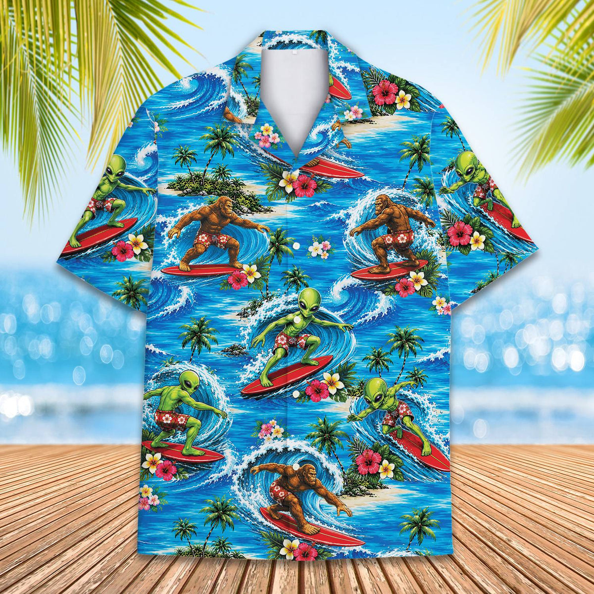 Lifestyle view of a person wearing the tropical surfing hawaiian shirt outdoors
