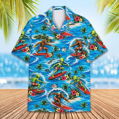 Lifestyle view of a person wearing the tropical surfing hawaiian shirt outdoors