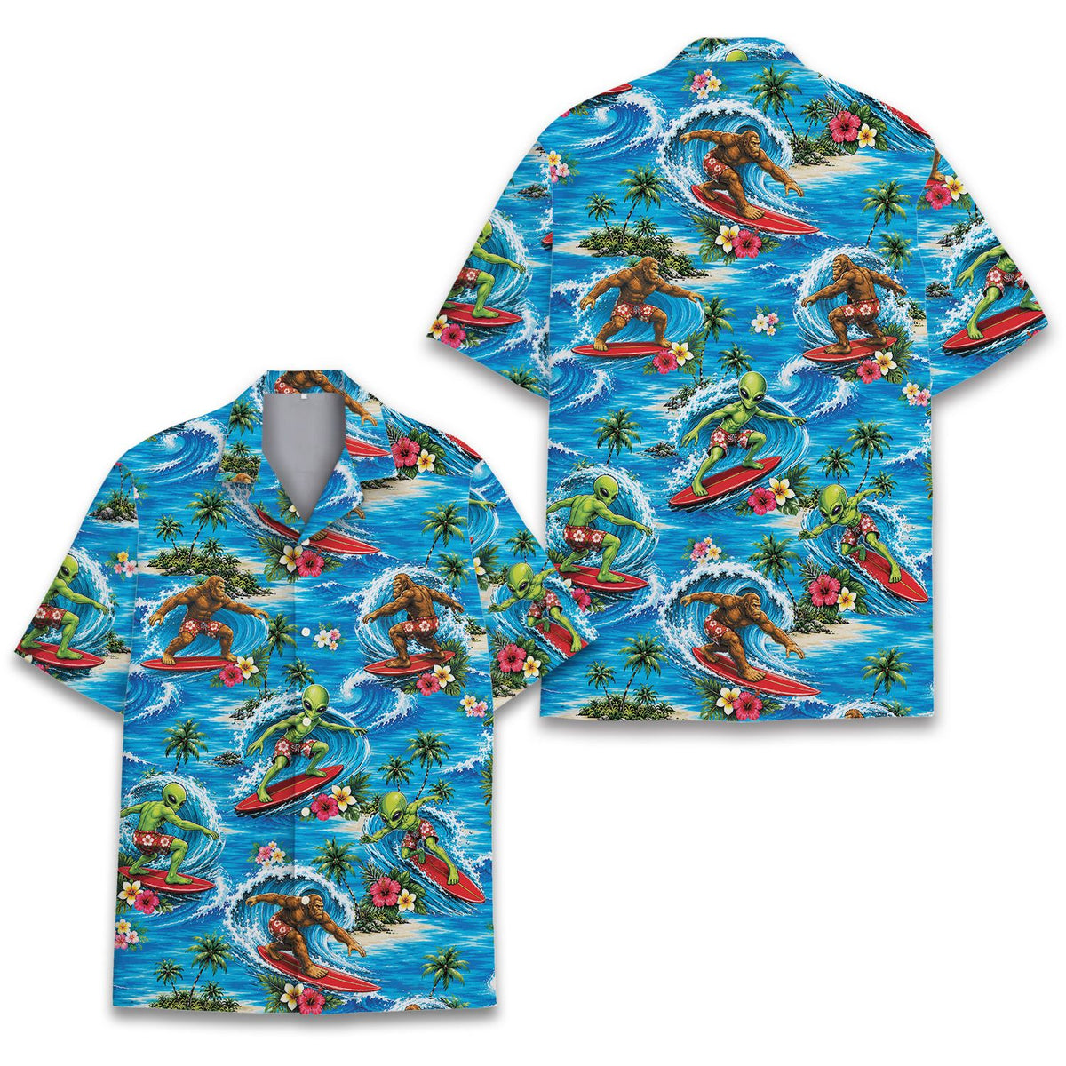 Detailed fabric view of the tropical surfing hawaiian shirt highlighting the fun alien design