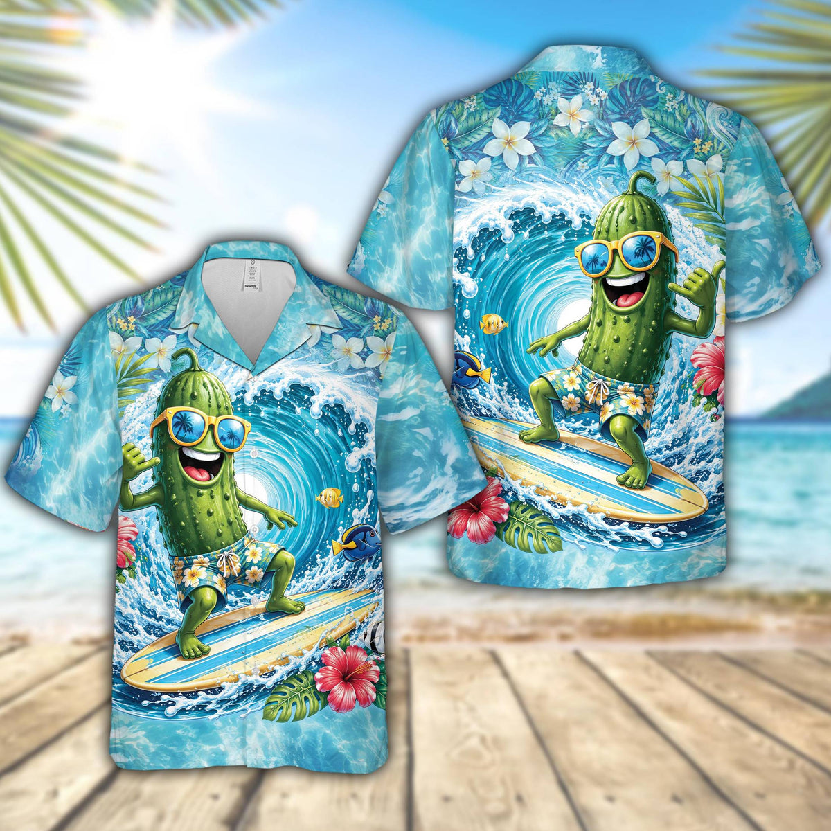 Tropical surfing pickle hawaiian shirt featuring a cartoon pickle riding a wave, main view