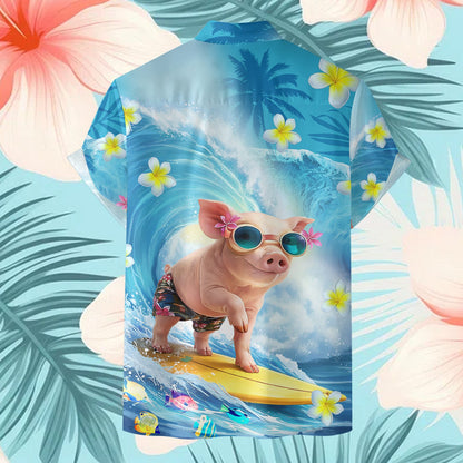 Another back view of the light blue matching family hawaiian shirt