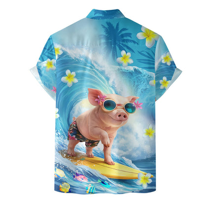 Back view of the tropical surfing pig hawaiian shirt