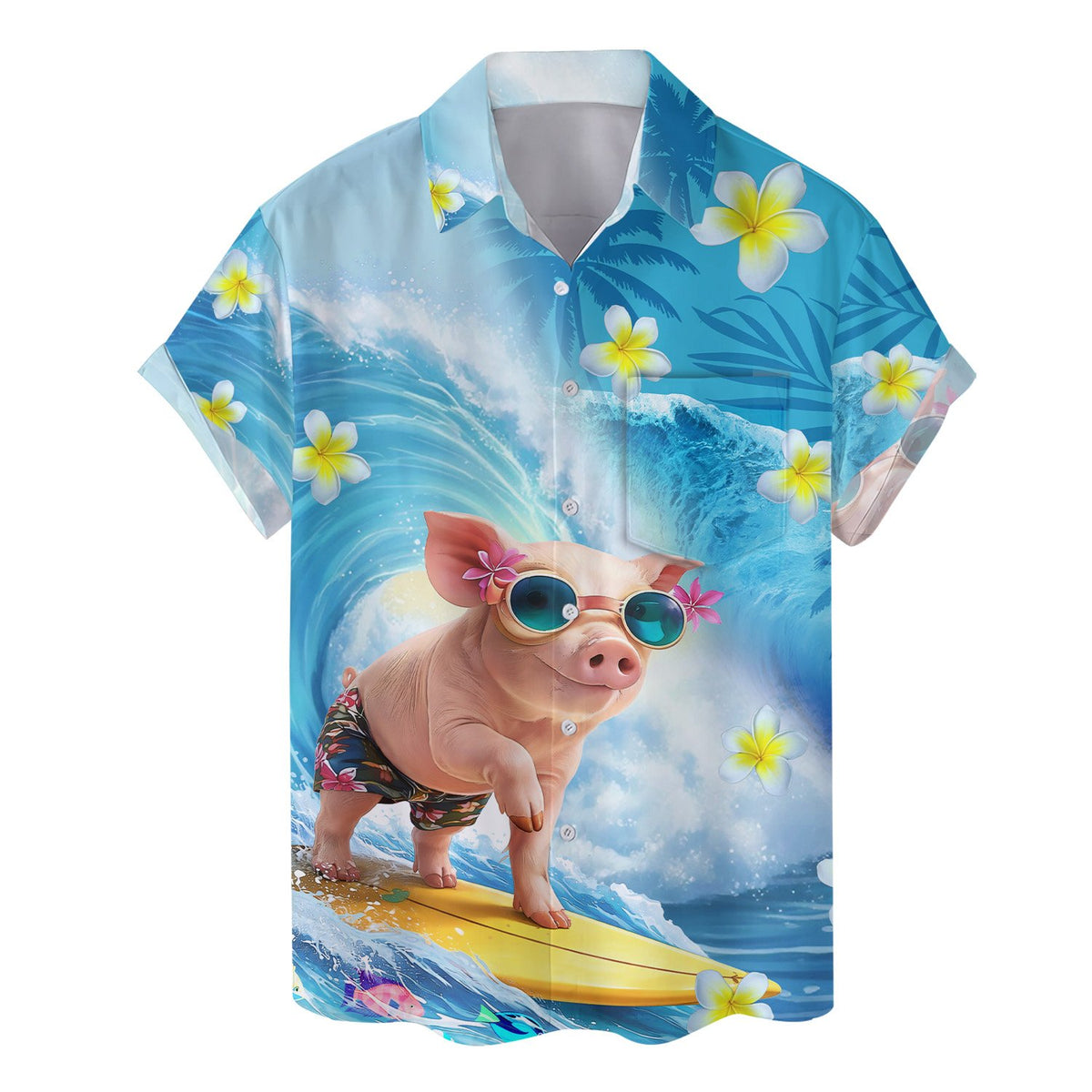Close-up front view of the light blue tropical hawaiian shirt