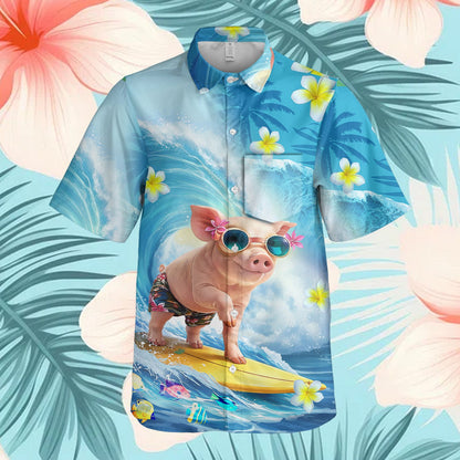 Another front view highlighting the yellow surfboard and pink floral accents