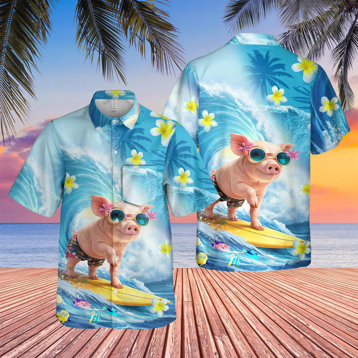 Front view detailing the whimsical pig in sunglasses design