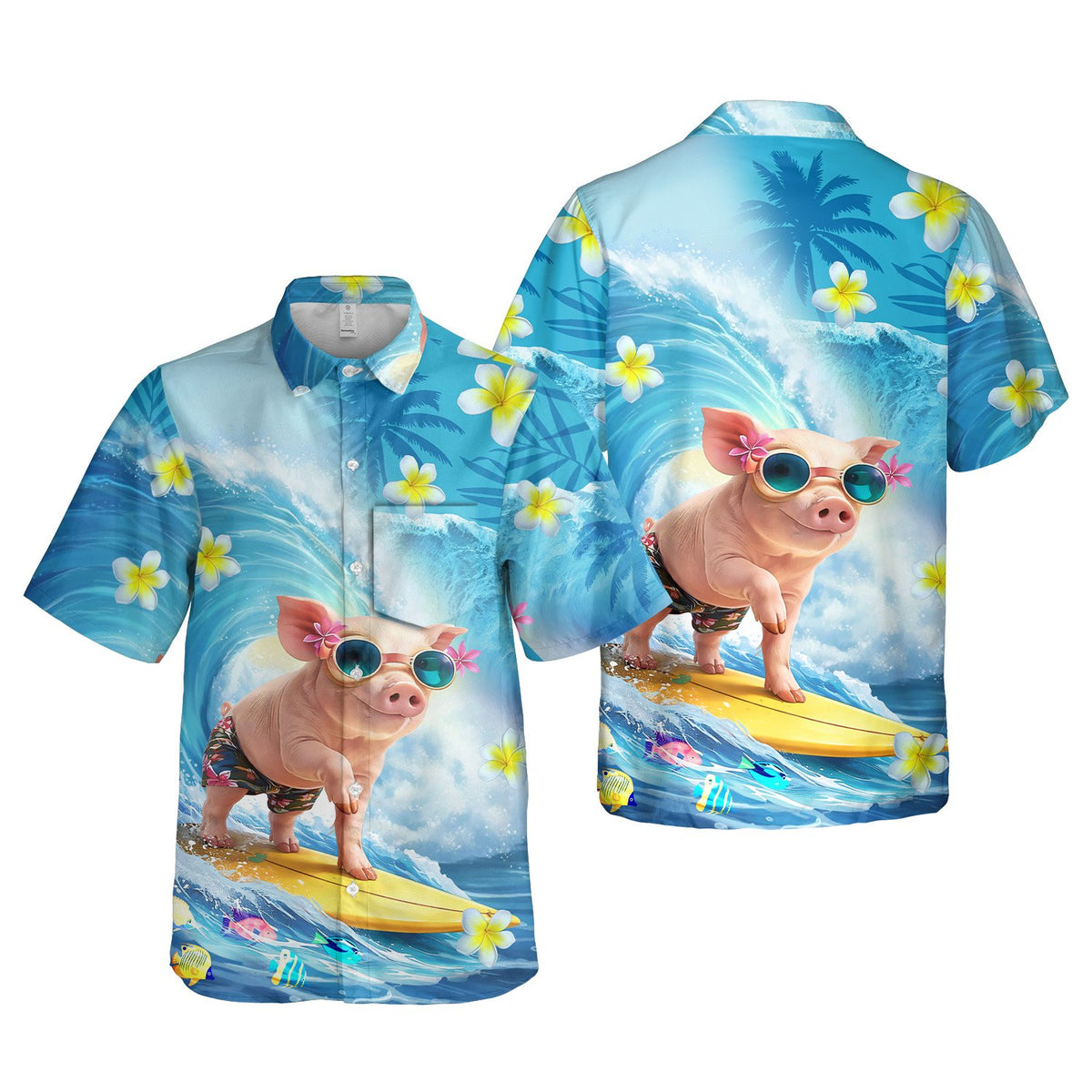 Front view of the matching family hawaiian shirts with surfing pig motif