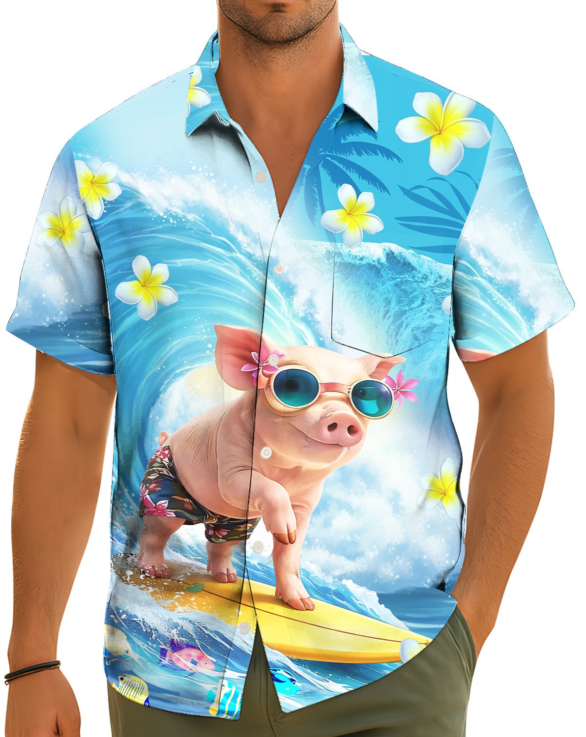 Lifestyle view of the tropical surfing pig hawaiian shirt being worn outdoors