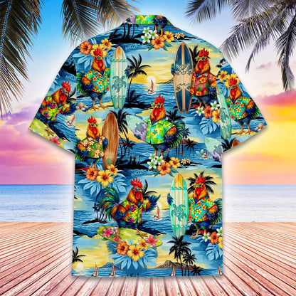 Back detail of the tropical surfing roosters matching family hawaiian shirt