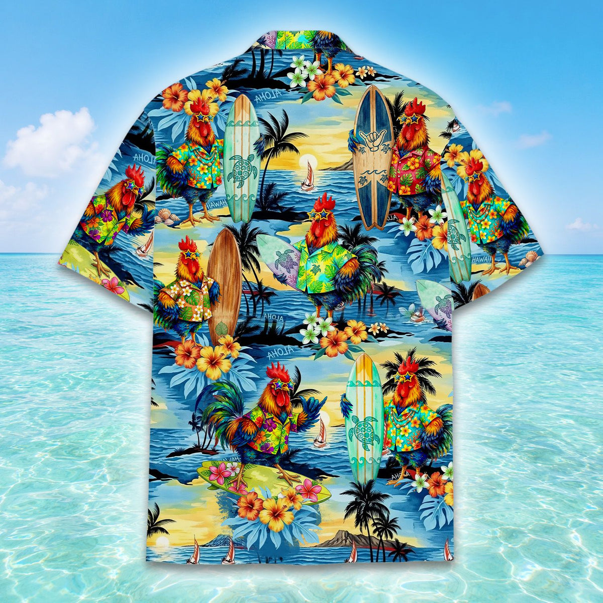 Close up back view of the tropical surfing roosters hawaiian shirt