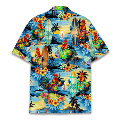 Back view of the tropical surfing roosters hawaiian shirt