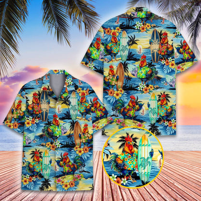 Front detail of the tropical surfing roosters matching family hawaiian shirt