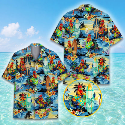 Close up front view of the tropical surfing roosters hawaiian shirt