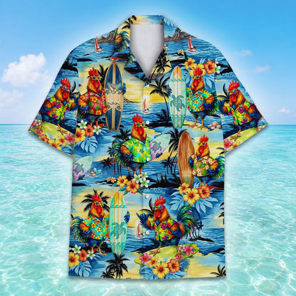Additional front view of the surfing roosters hawaiian shirt