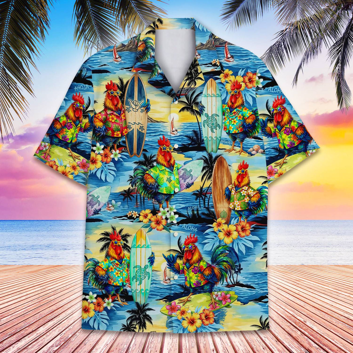 Full front view of the tropical surfing roosters family hawaiian shirt