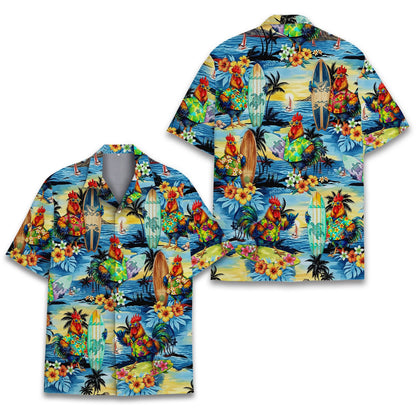 Matching family hawaiian shirts featuring a tropical surfing roosters design, main view