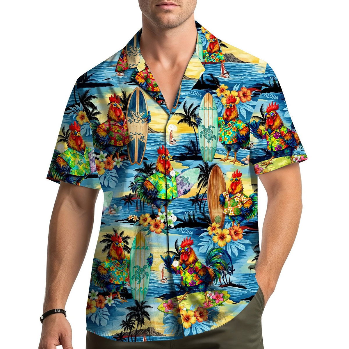 Lifestyle view of matching family hawaiian shirts featuring tropical surfing roosters