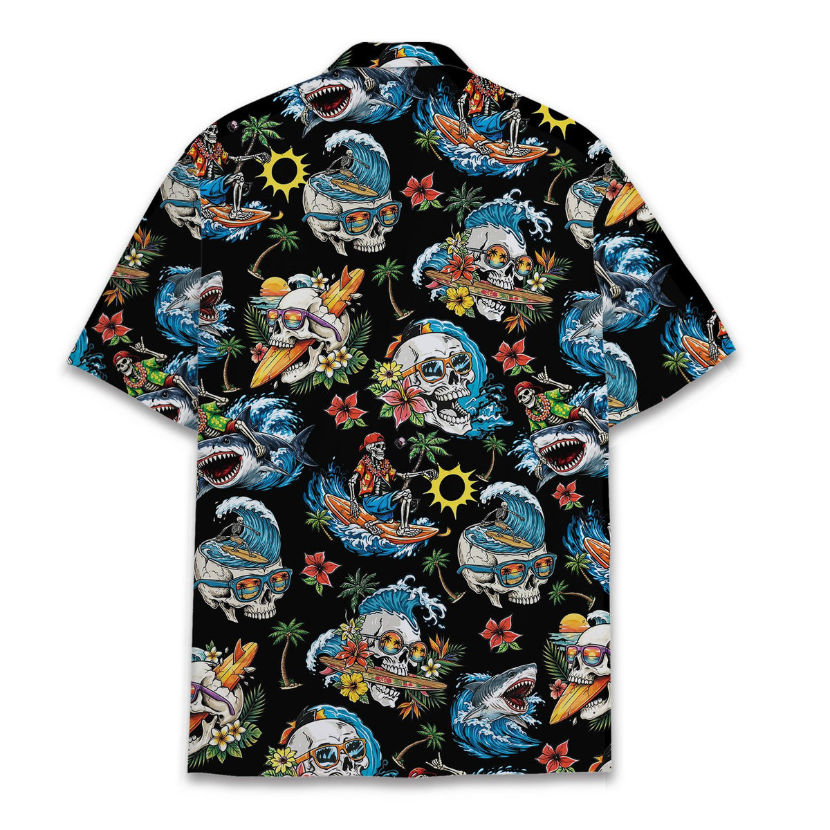 Tropical surfing skulls hawaiian shirt featuring skeletons and sharks on a black background, back view