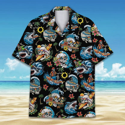 Tropical surfing skulls hawaiian shirt featuring skeletons and sharks on a black background, front view 2