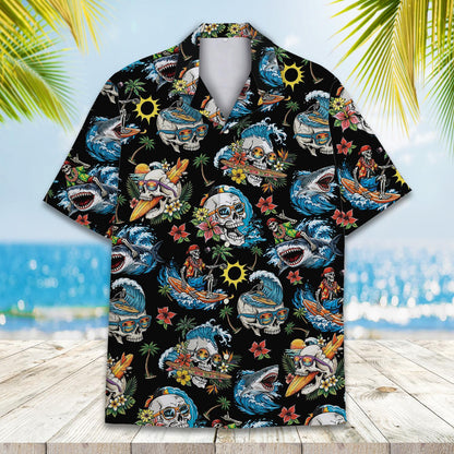 Tropical surfing skulls hawaiian shirt featuring skeletons and sharks on a black background, front view 3