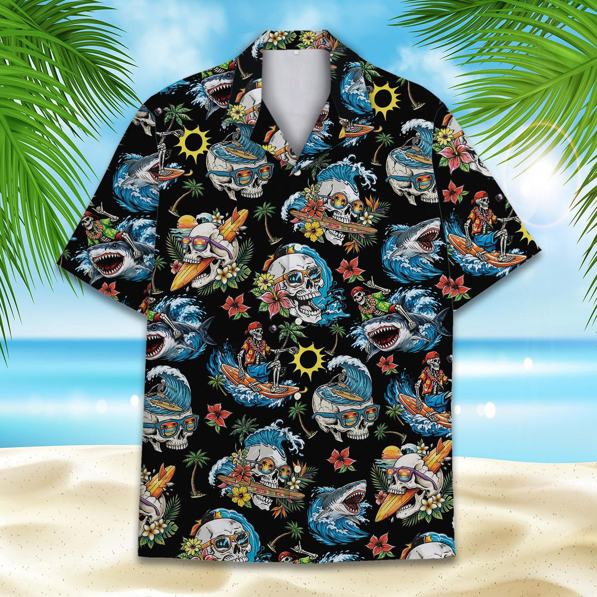 Tropical surfing skulls hawaiian shirt featuring skeletons and sharks on a black background, main view