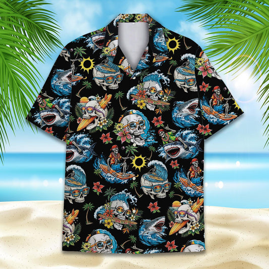 Tropical surfing skulls hawaiian shirt featuring skeletons and sharks on a black background, main view