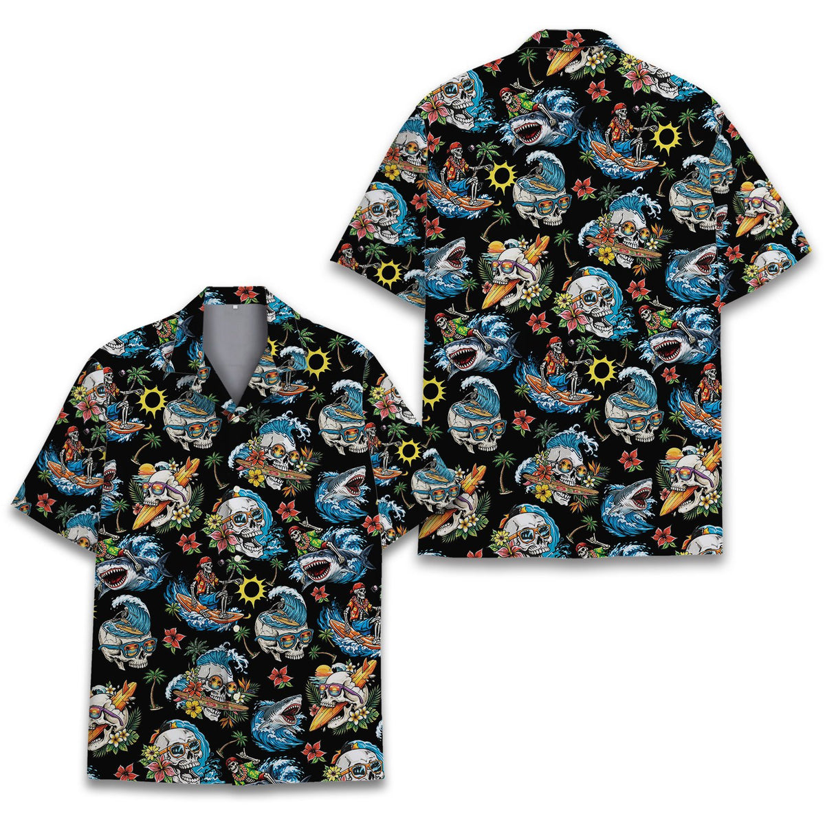 Tropical surfing skulls hawaiian shirt featuring skeletons and sharks on a black background, alternate view