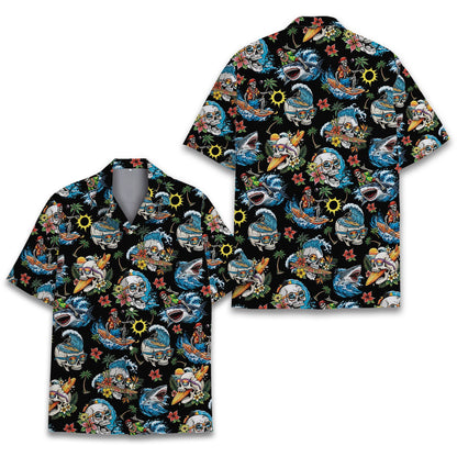 Tropical surfing skulls hawaiian shirt featuring skeletons and sharks on a black background, alternate view