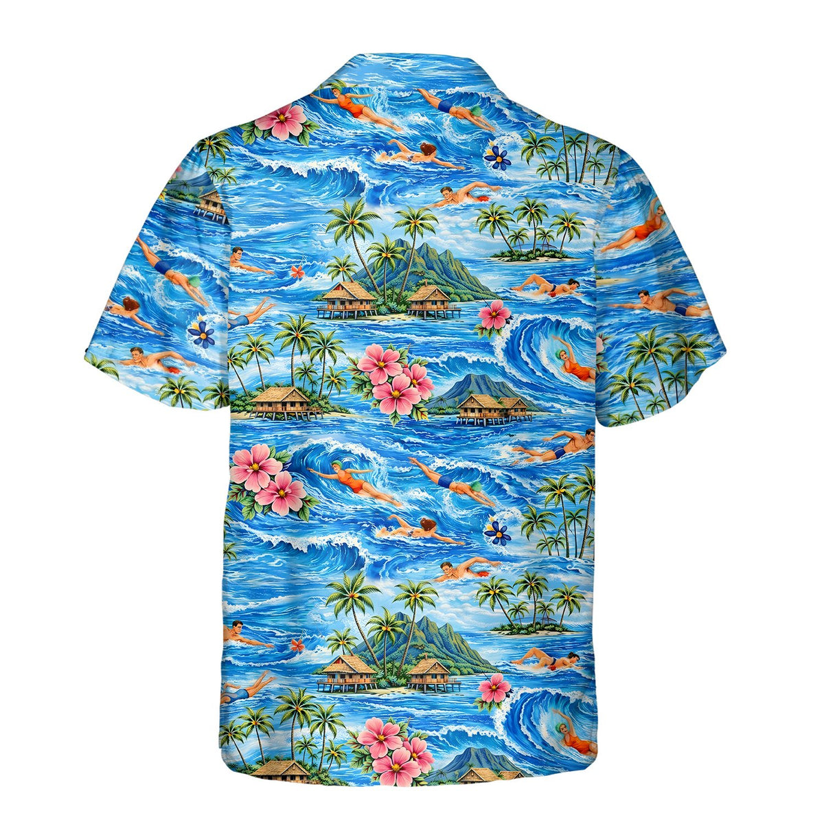 Back view of the vibrant blue tropical swimming hawaiian shirt