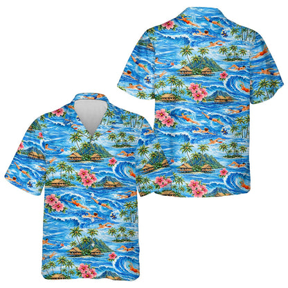 Front view of the tropical swimming hawaiian shirt with vintage swimmers and palm trees