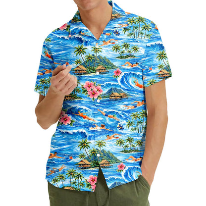Second lifestyle view of the tropical swimming hawaiian shirt worn in a sunny setting