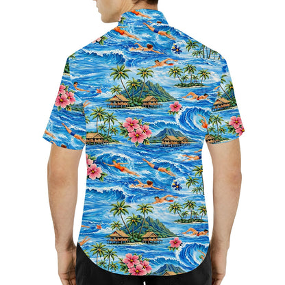 Third lifestyle shot showcasing the family matching outfits with ocean wave patterns