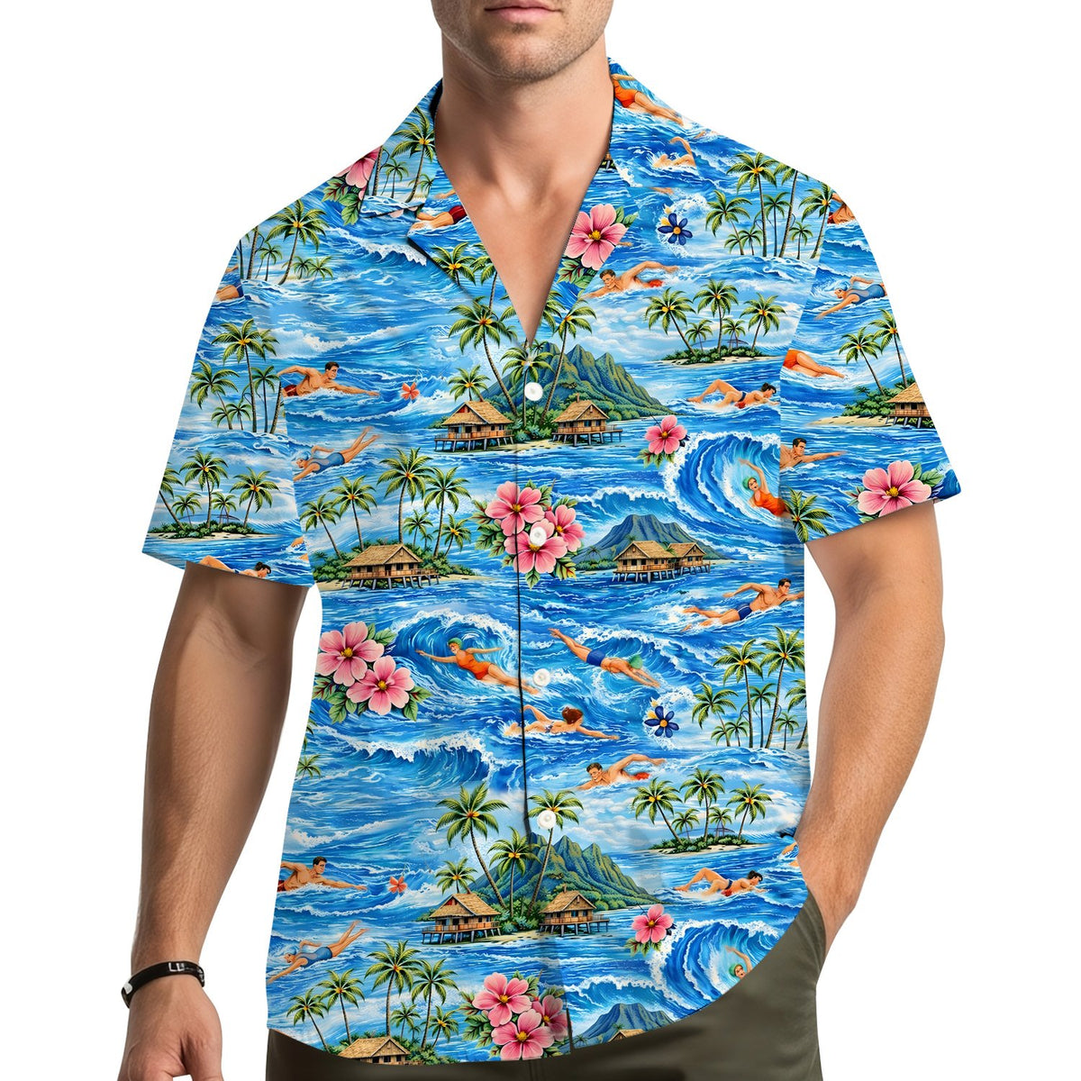 Lifestyle image of someone wearing the matching family hawaiian shirt outdoors