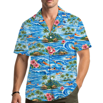 Lifestyle image of someone wearing the matching family hawaiian shirt outdoors