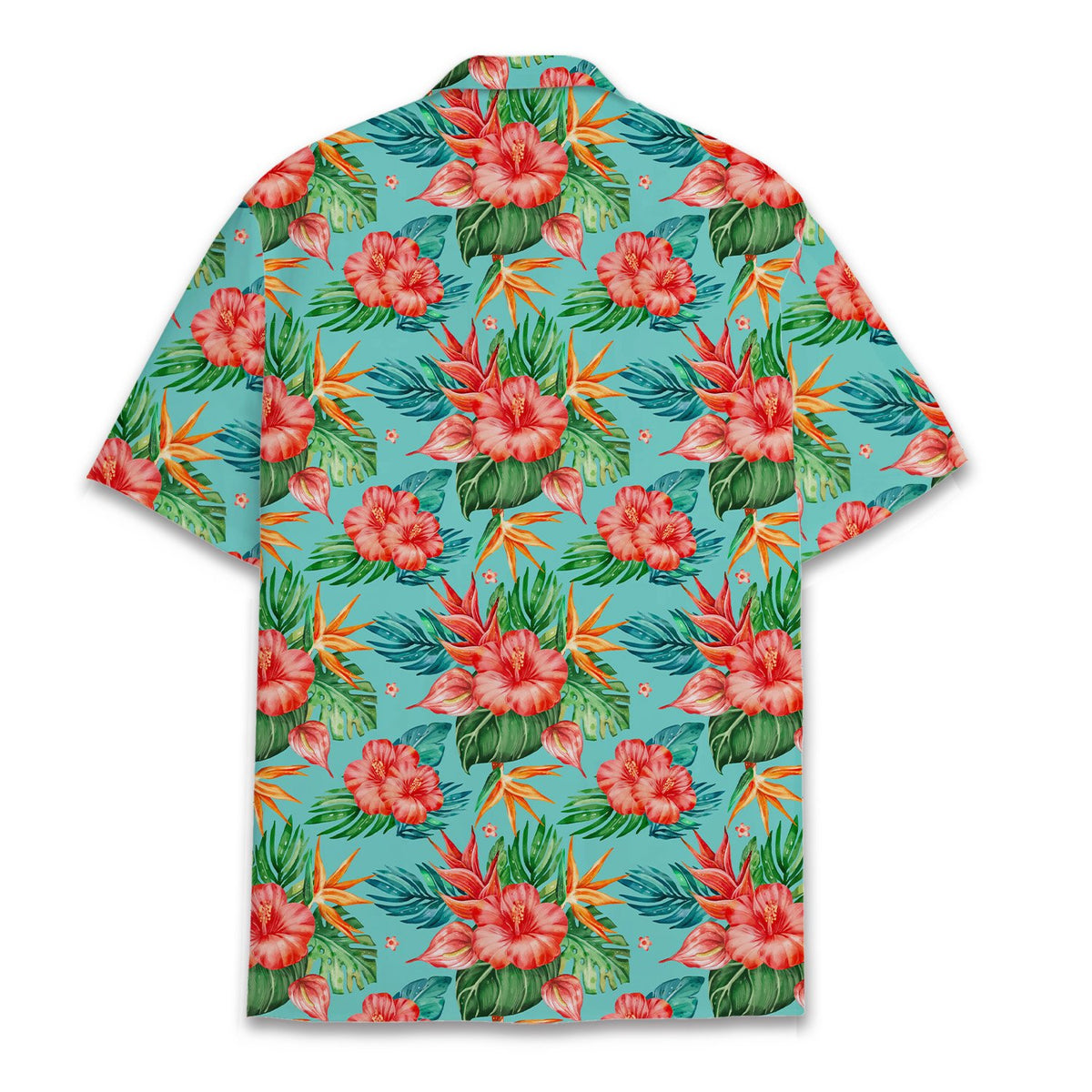 Detail view of the back of the tropical hawaiian shirt with green leaves and red flowers