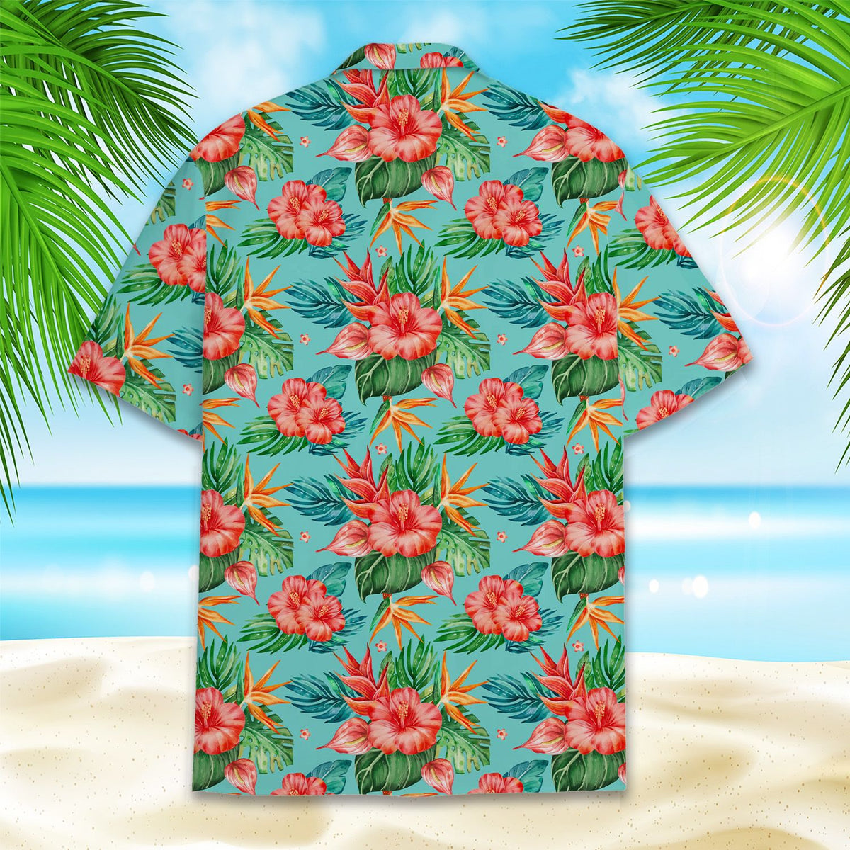 Back view of the tropical hawaiian shirt showing the light teal background and floral pattern